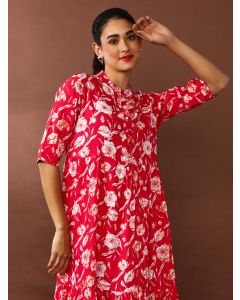 Floral Printed A-Line Tiered Ethnic Dress-SP-368 Pink