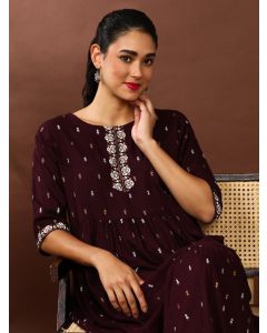 Floral Printed A-Line Tiered Ethnic Dress-SP-373 Wine