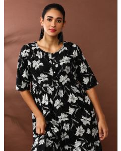 Floral Printed A-Line Tiered Ethnic Dress-SP-403 Black