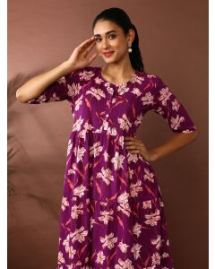 Floral Printed A-Line Tiered Ethnic Dress-SP-403 Wine