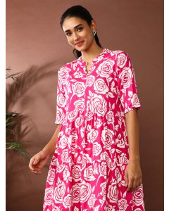 Floral Printed A-Line Tiered Ethnic Dress-SP-404 Pink