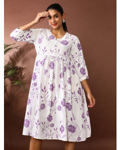 Floral Printed A-Line Pure Cotton Ethnic Dress-SP-408 Purple