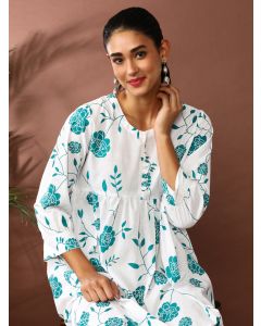 Floral Printed A-Line Pure Cotton Ethnic Dress-SP-408 Rama Green