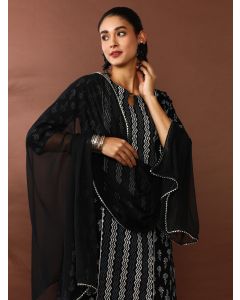 Floral Printed Straight Pure Cotton Kurta & Trousers Sets-SP-444 Black