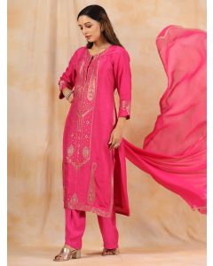 Zardozi Embroidered Silk Hot Pink  Straight Kurta With Palazzo And Dupatta