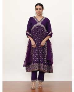 Embroidered Chanderi Cotton Ethnic Motifs Kurta Sets With Dupatta-SSKR-001 Violet