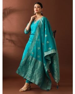 Floral Embroidered Straight Polyester Kurta & Trousers Sets-ST-024 Teal Blue