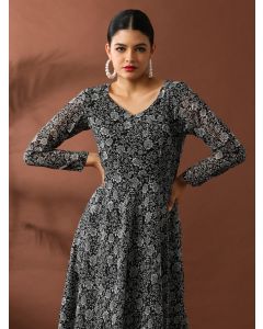 Floral Printed A-Line Georgette Ethnic Dress-ST-Gown-007 Black
