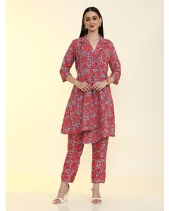 Floral Printed Silk Crepe Asymmetric Kurta with Trousers-SVC-07 Red