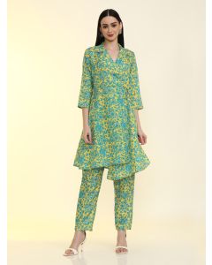 Floral Printed Silk Crepe Asymmetric Kurta with Trousers-SVC-07 Yellow