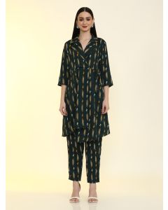 Floral Printed Silk Crepe Asymmetric Kurta with Trousers-SVC-09 Dark Green