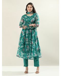 Floral Printed Anarkali Poly Chiffon Flared Kurta & Trousers Sets-Tarbuch Green
