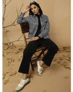 Navy Blue Tussar Silk Geometric Printed Jacket 