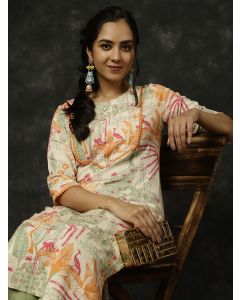 Green Kantha Work Printed Straight Kurta With Palazzo  