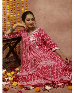Pink Mirror Embellished Ikat Printed Anarkali Kurta With Pants And Dupatta