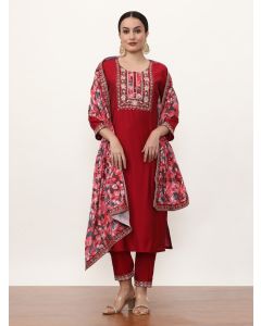 Embroidered Ethnic Motifs Kurta Sets With Dupatta-VNF-001 Wine