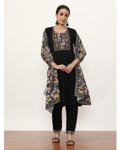 Embroidered Chanderi Cotton Ethnic Motifs Kurta Sets With Dupatta-VNF-003 Black