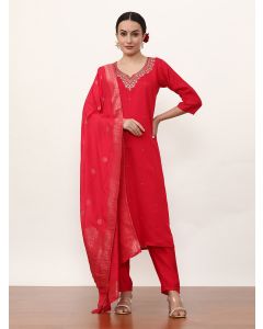 Embroidered Art Silk Ethnic Motifs Kurta Sets With Dupatta-VNF-004 Pink