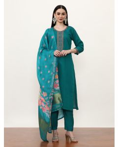 Embroidered Ethnic Motifs Kurta Sets With Dupatta-VNF-006 Turquoise