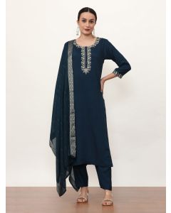 Embroidered Ethnic Motifs Kurta Sets With Dupatta-VNF-Emily Navy Blue