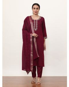 Embroidered Cotton Blend Ethnic Motifs Kurta Sets With Dupatta-VNF-Emily Wine