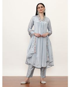 Embroidered Chinon Ethnic Motifs Kurta Sets With Dupatta-VNF-Heeru Grey