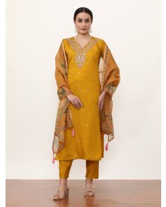 Embroidered Chanderi Silk Ethnic Motifs Kurta Sets With Dupatta-VNF-Heeru Yellow