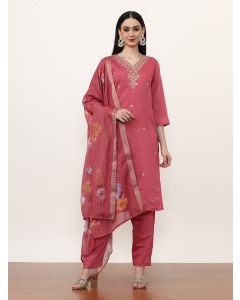 Embroidered Chanderi Silk Ethnic Motifs Kurta Sets With Dupatta-VNF-Niharika Megenta