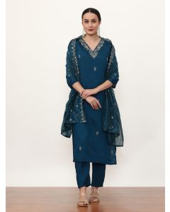 Embroidered Ethnic Motifs Kurta Sets With Dupatta-VNF-Zarna Navy Blue