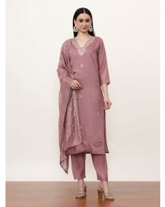 Embroidered Ethnic Motifs Kurta Sets With Dupatta-VNF-Zarna Mauve