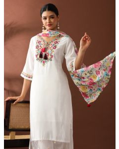 Floral Embroidered Straight Chanderi Cotton Kurta & Trousers Sets-VNS-111 Off White