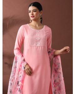 Floral Embroidered Straight Kurta & Trousers Sets-VNS-112 Baby Pink