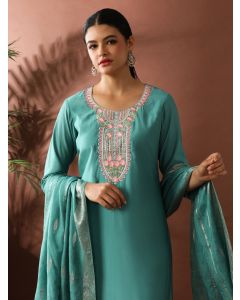 Floral Embroidered Straight Chanderi Cotton Kurta & Trousers Sets-VNS-115 Sky Blue