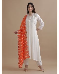 Embroidered Chanderi Cotton Ethnic Motifs Kurta Sets With Dupatta-VNS005 Off White-XL