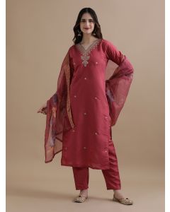 Embroidered Chanderi Cotton Ethnic Motifs Kurta Sets With Dupatta-VNS006 Red-L