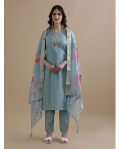 Embroidered Chanderi Cotton Ethnic Motifs Kurta Sets With Dupatta-VNS010 Grey-L