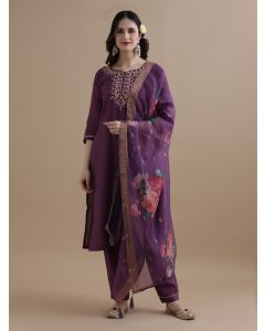 Embroidered Chanderi Cotton Ethnic Motifs Kurta Sets With Dupatta-VNS011 Purple-M
