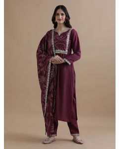 Embroidered Chanderi Cotton Ethnic Motifs Kurta Sets With Dupatta-VNS013 Purple-L