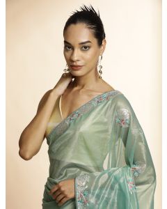 Golden Net Party Wear Sequin Work Green Saree