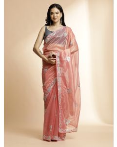Golden Net Party Wear Sequin Work Orange Saree