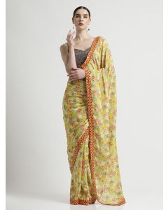 Green Satin Silk Printed Floral Mirror Work Party Wear Saree 