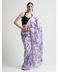 Purple Satin Silk Printed With Sequin Work Lace Saree