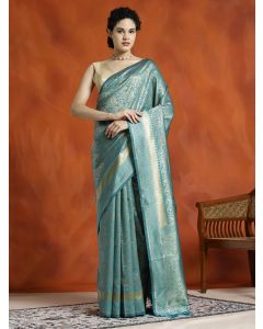 Heavy Banarasi Zari Woven Teal Silk Blend Saree