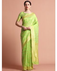 Heavy Banarasi Pista Green Zari Woven Silk Blend Saree