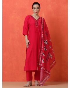 Solid Embroidered Straight Silk Blend Kurta & Trousers Sets-VS-1205 Pink