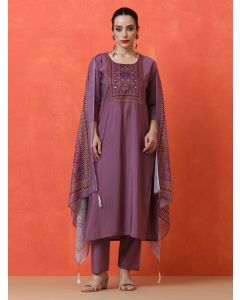 Floral Embroidered Straight Silk Blend Kurta & Trousers Sets-VS-1206 Lavender