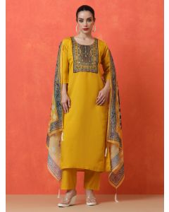 Floral Embroidered Straight Silk Blend Kurta & Trousers Sets-VS-1208 Yellow