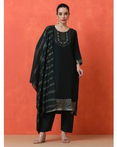 Floral Embroidered Straight Silk Blend Kurta & Trousers Sets-VS-1209 Green