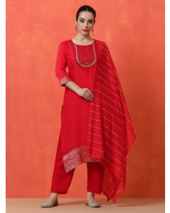 Floral Embroidered Straight Silk Blend Kurta & Trousers Sets-VS-1210 Red