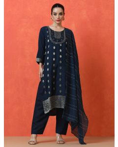 Floral Embroidered Straight Silk Blend Kurta & Trousers Sets-VS-1211 Navy Blue